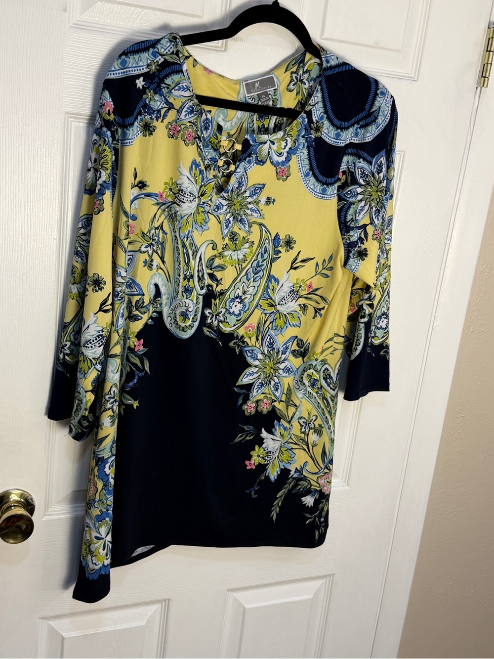 JM Collection Floral Paisley Tunic - Yellow & Navy XL
